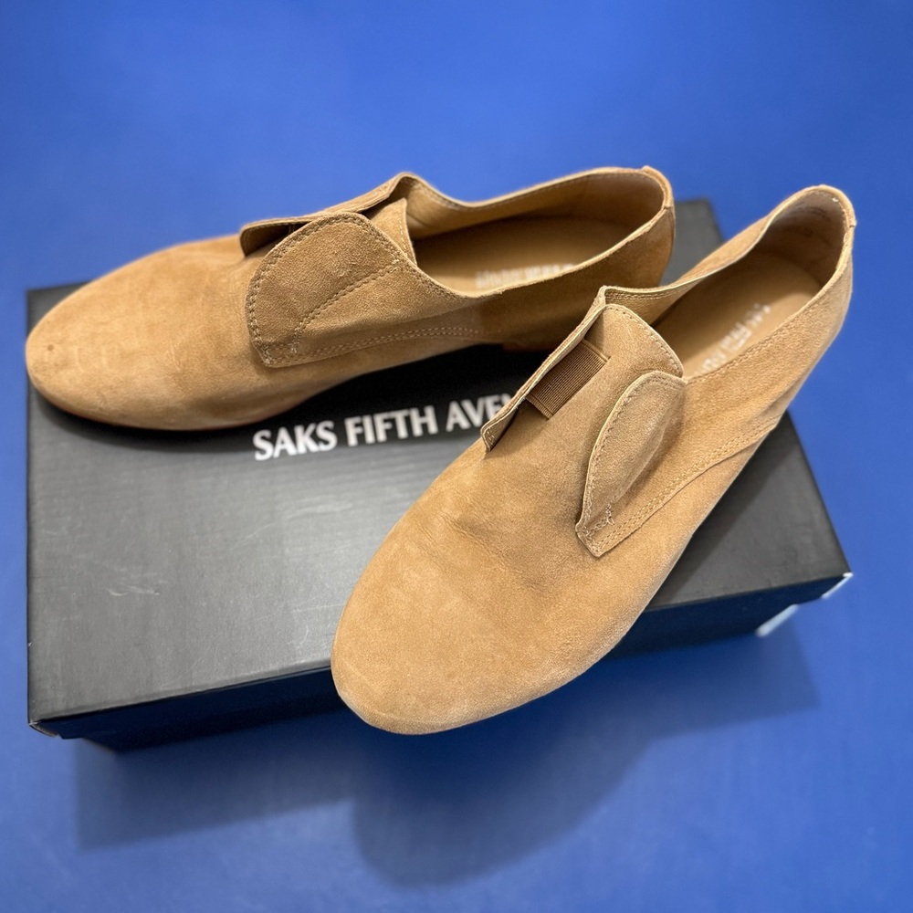Saks Fifth Avenue Simone Taupe Suede Slip-on Laceless Oxfords Leather Size 8